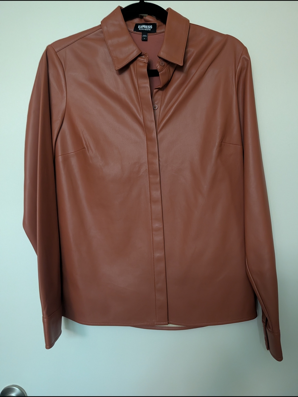 Express Faux Leather Button-Up Shirt Jacket - Cognac Sz S NWOT